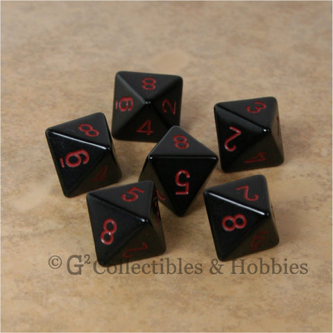 D8 RPG Dice Set : Opaque 6pc - Black with Red Numbers