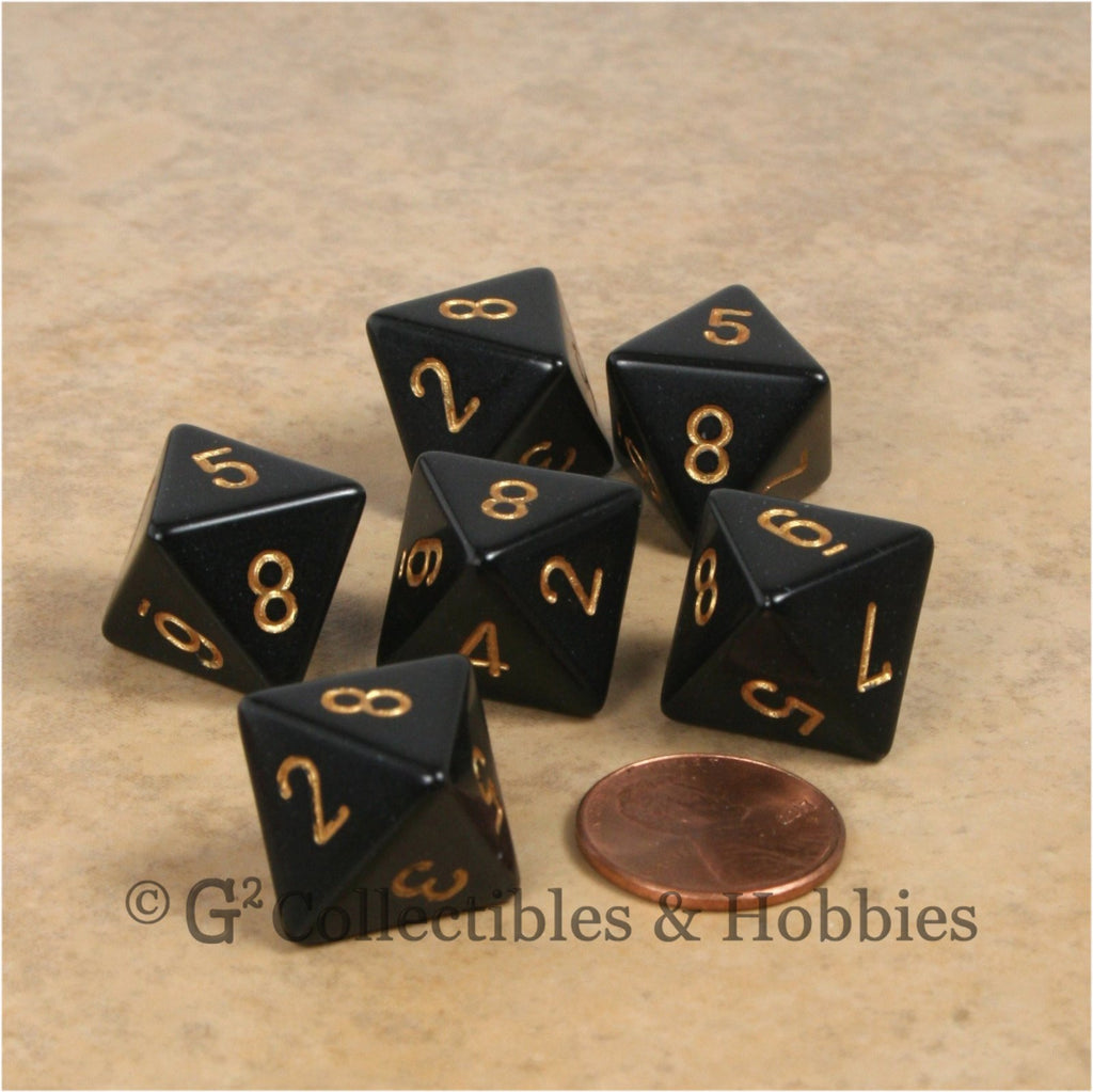 D8 RPG Dice Set : Opaque 6pc - Black with Gold Numbers