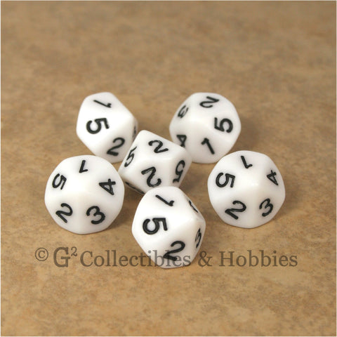 D5 (10 sided) 1 to 5 Twice Dice Set 6pc - 16mm White