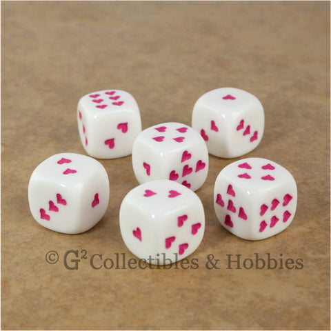 D6 16mm White with Pink Heart Pips 6pc Dice Set