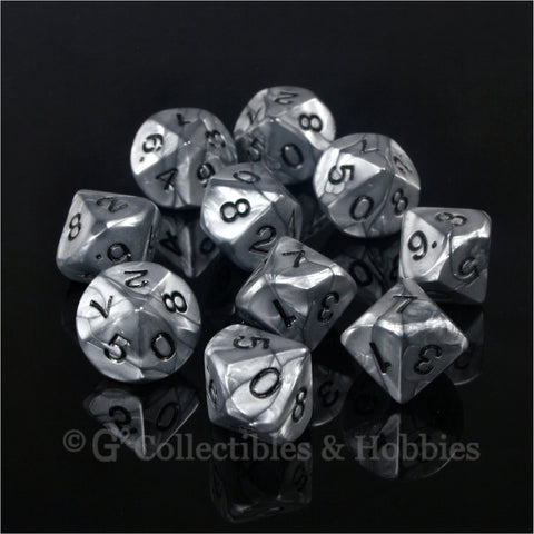 D10 Olympic Pearlized Silver with Black Numbers 10pc Dice Set