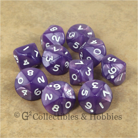 D10 Pearlized Purple with White Numbers 10pc Dice Set