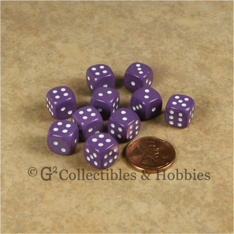 D6 10mm Opaque Purple with White Pips 10pc Dice Set