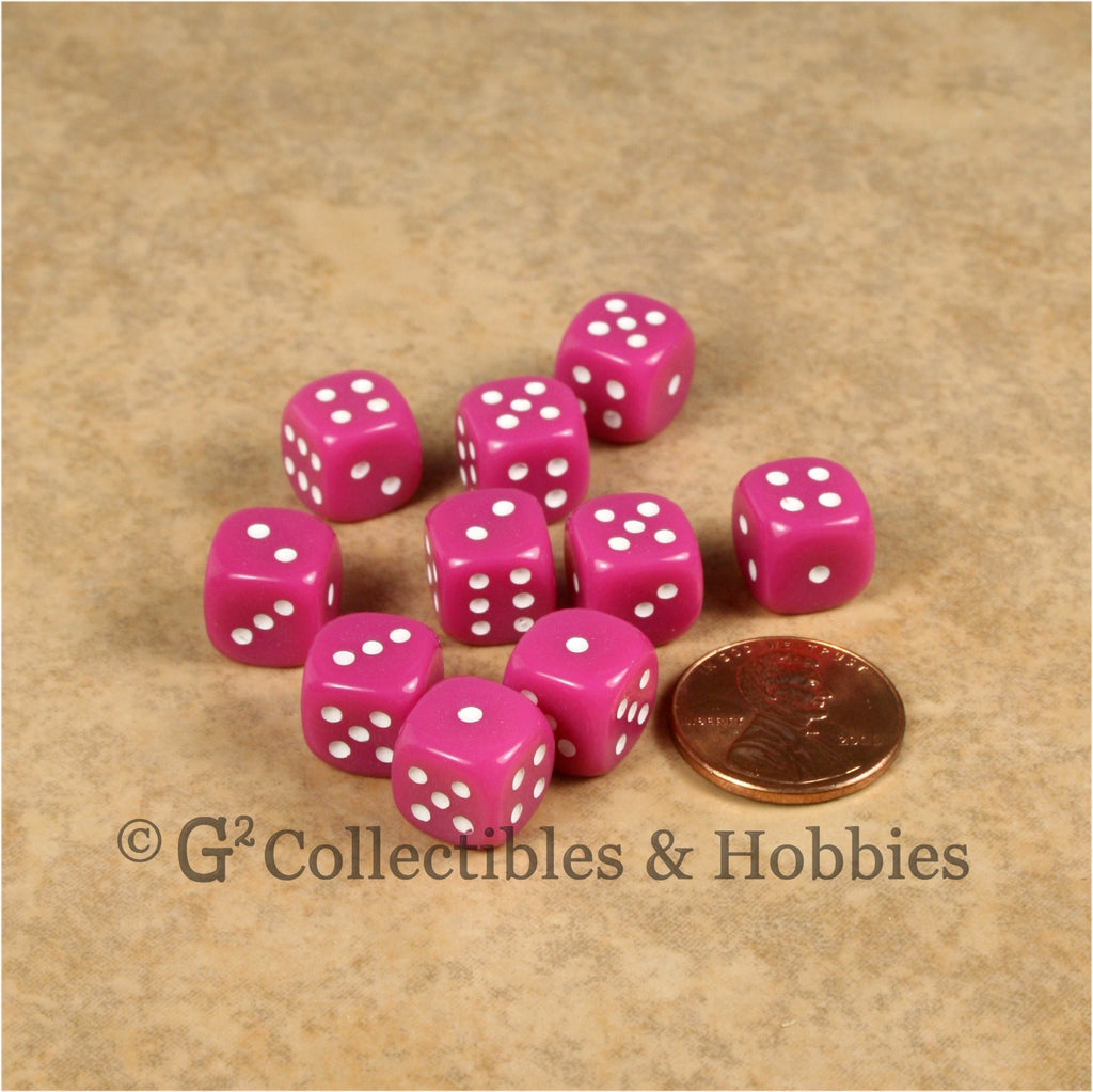 D6 10mm Opaque Pink with White Pips 10pc Dice Set