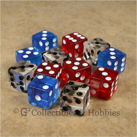 D6 16mm Transparent Multicolored 12pc Dice Set - Red Blue Clear