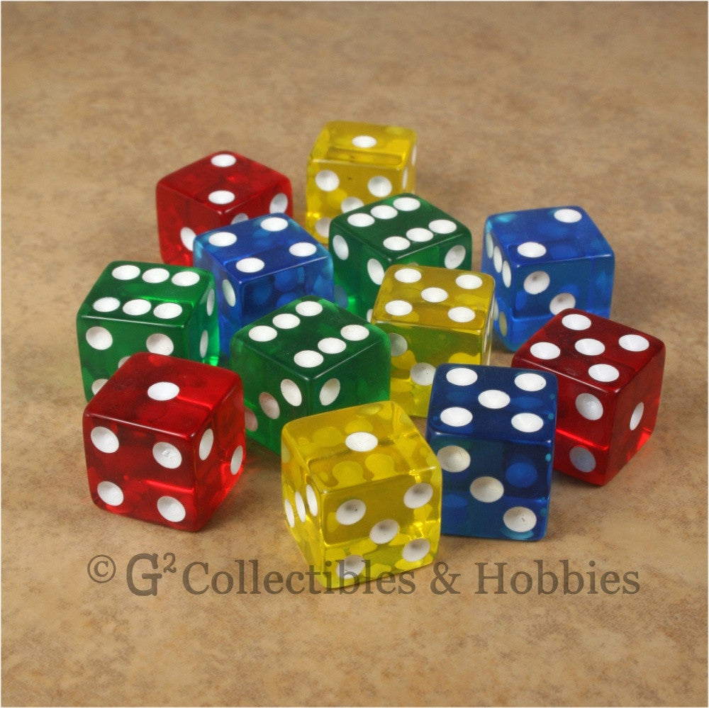 D6 16mm Transparent Multicolored 12pc Dice Set - Red Blue Green
