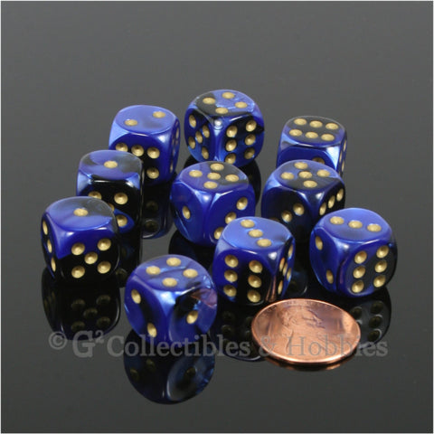 D6 12mm Gemini Blackl Blue with Gold Pips 10pc Dice Set