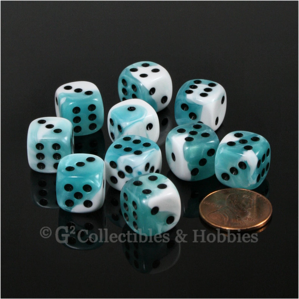 D6 12mm Gemini Teal-White with Black Pips 10pc Dice Set