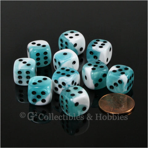 D6 12mm Gemini Teal-White with Black Pips 10pc Dice Set