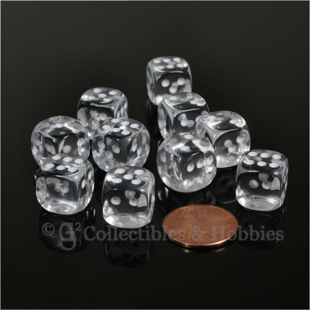 D6 12mm Transparent Clear with White Pips 10pc Dice Set
