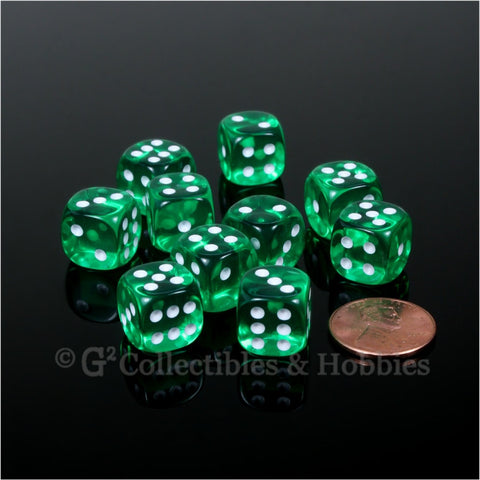 D6 12mm Transparent Green with White Pips 10pc Dice Set