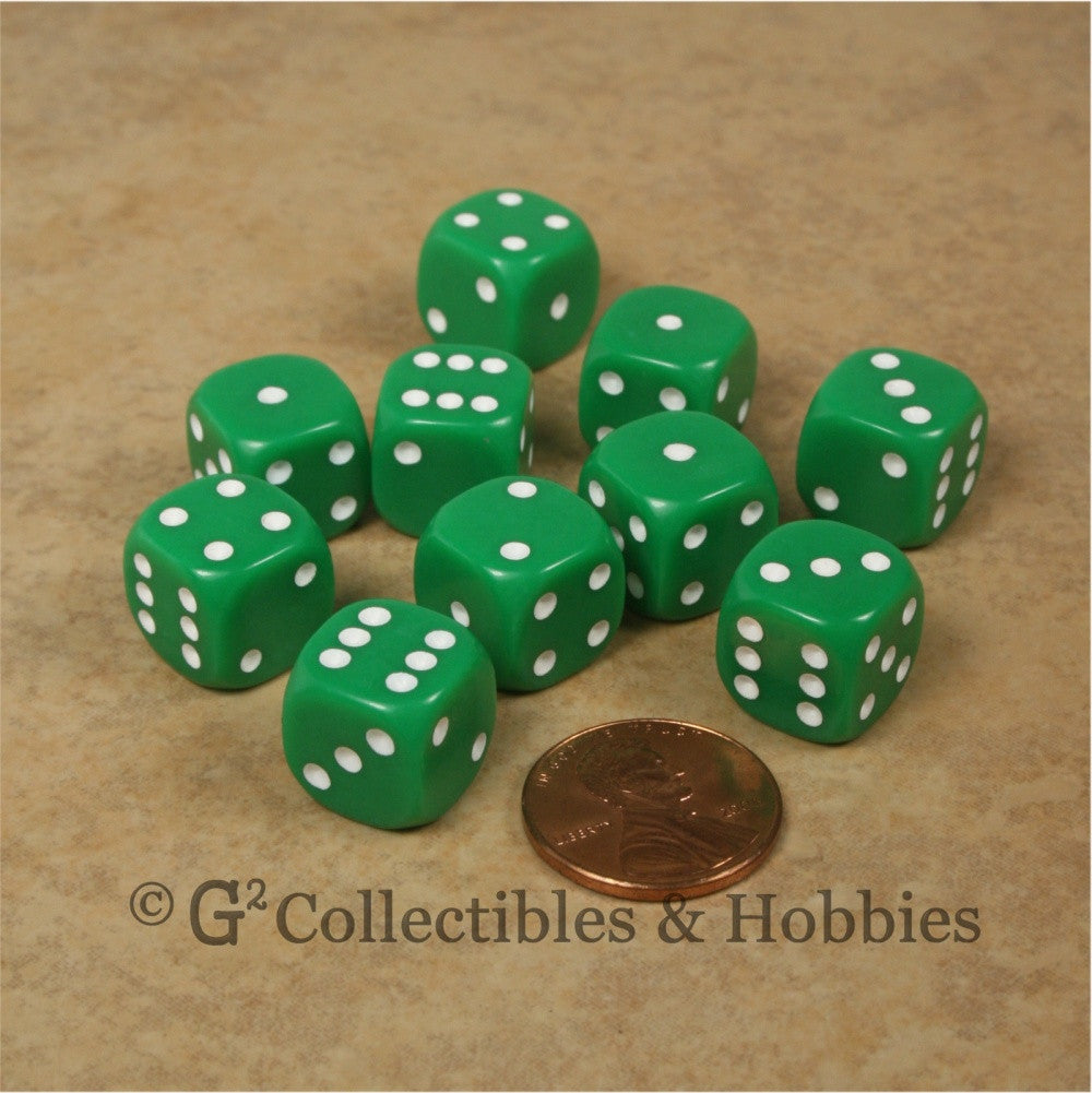 D6 12mm Rounded Edge Green with White Pips 10pc Dice Set