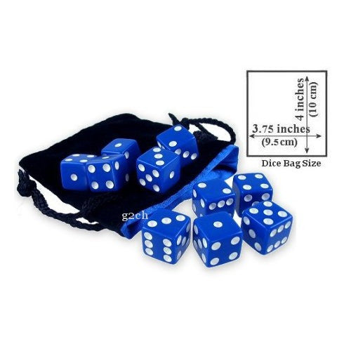 D6 16mm Opaque Blue with White Pips 10pc Dice Set w/ Velvet Bag