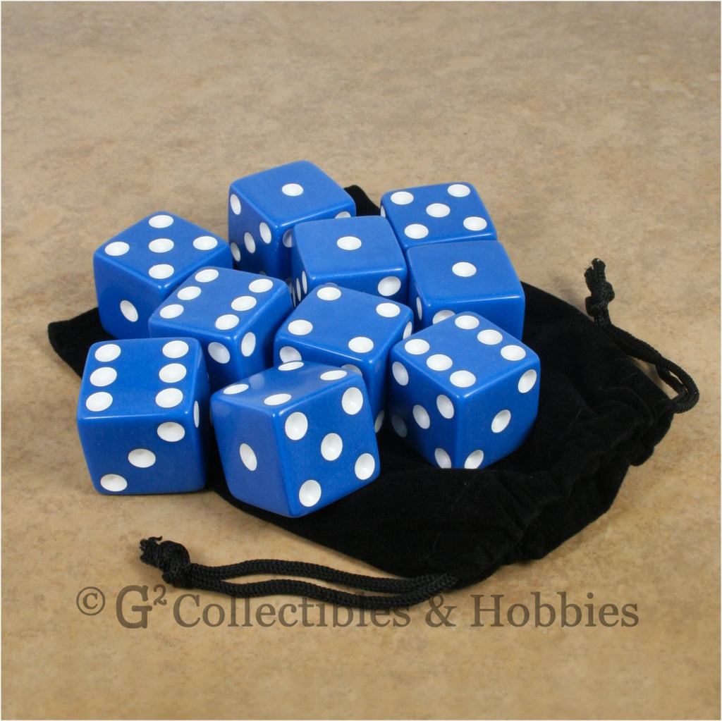 D6 25mm Opaque Blue with White Pips 10pc Dice & Bag Set