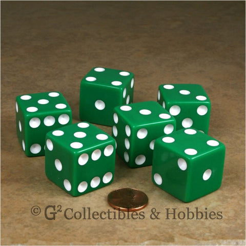 D6 25mm Opaque Green with White Pips 6pc Dice Set