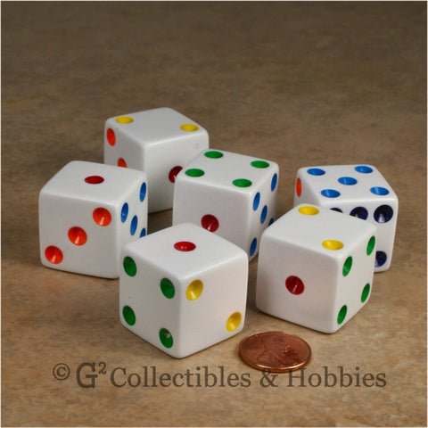 D6 25mm Opaque White with Multi-Color Pips 6pc Dice Set