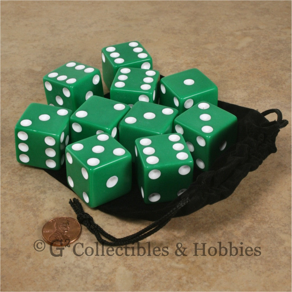 D6 25mm Opaque Green with White Pips 10pc Dice & Bag Set