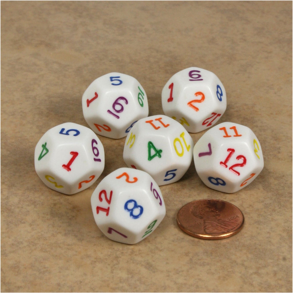 D12 RPG Dice Set : Opaque 6pc - White with Multi-Colored Numbers