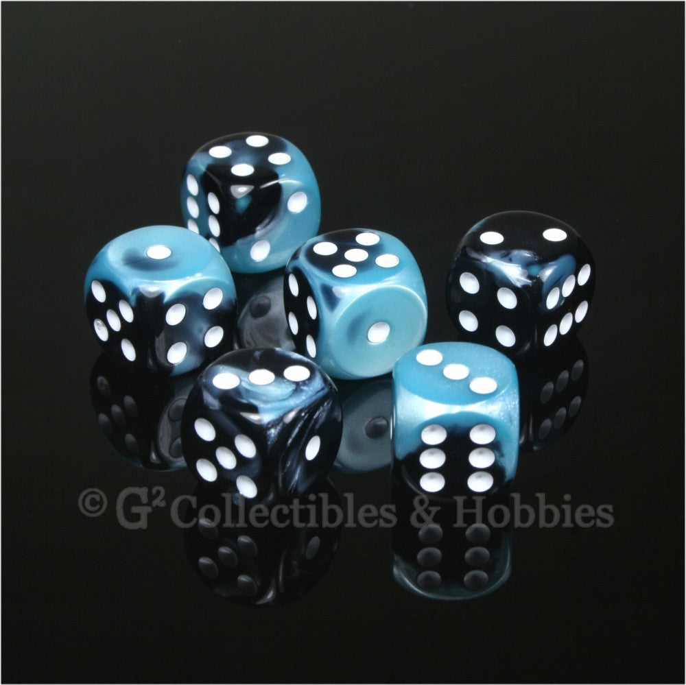 D6 16mm Gemini Black/Shell Blue with White Pips 6pc Dice Set