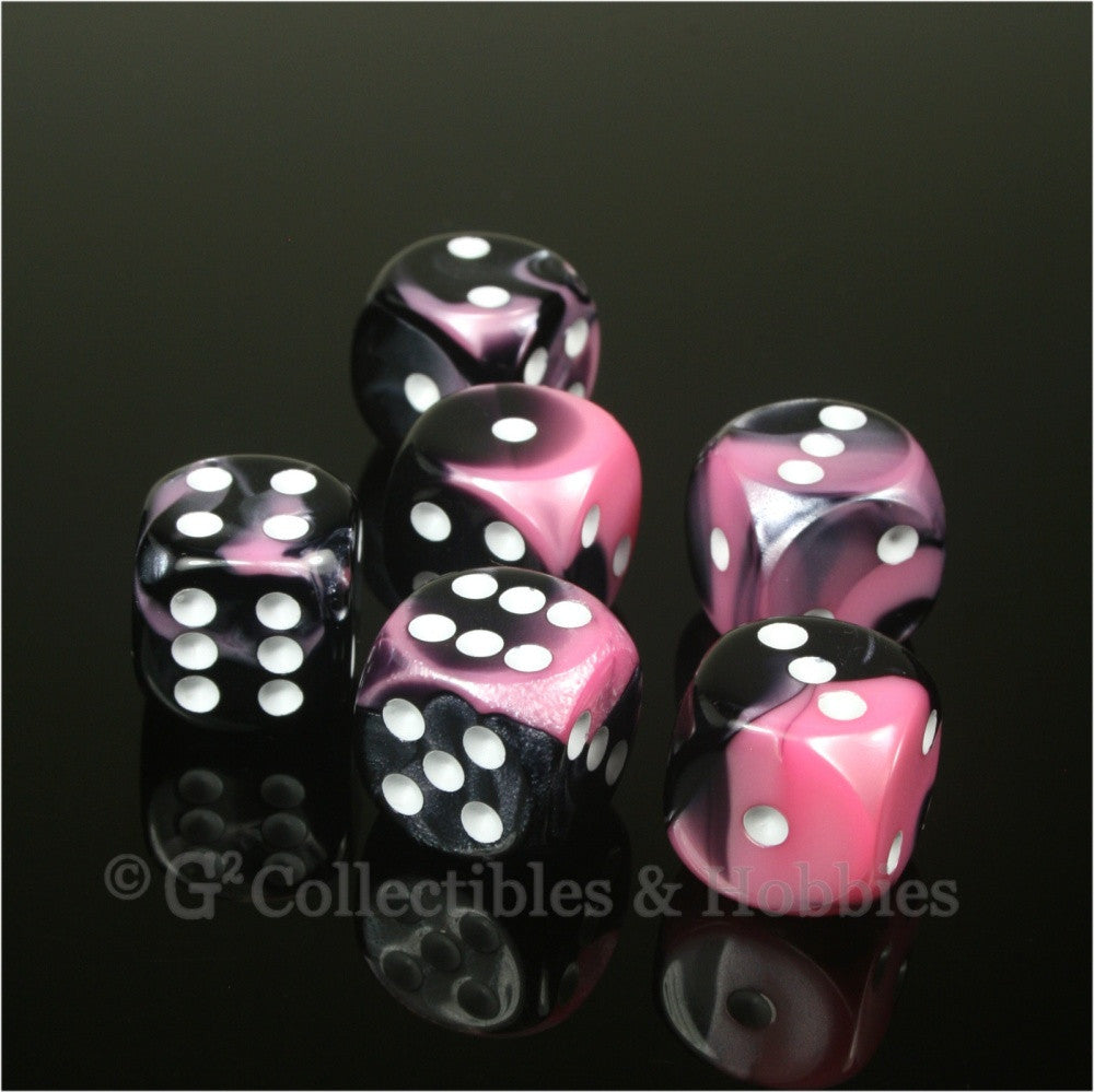 D6 16mm Gemini Black/Pink with White Pips 6pc Dice Set