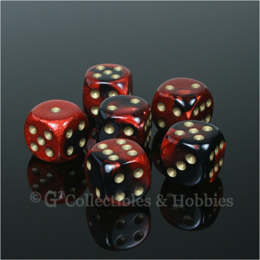 D6 16mm Gemini Black/Red with Gold Pips 6pc Dice Set