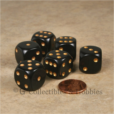 D6 16mm Rounded Edge Black with Gold Pips 6pc Dice Set