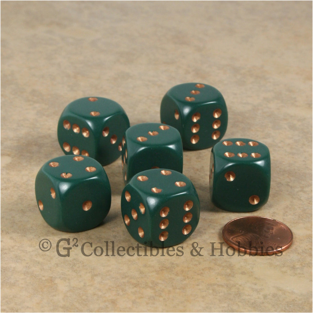 D6 16mm Rounded Edge Dusty Green with Copper Pips 6pc Dice Set