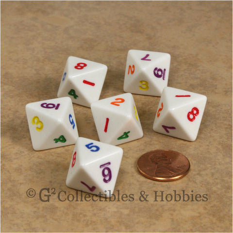 D8 RPG Dice Set : Opaque 6pc - White with Multi-Colored Numbers