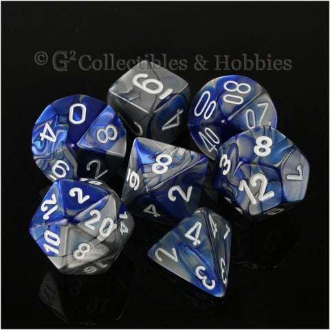 RPG Dice Set Gemini Blue / Steel Gray with White Numbers 7pc