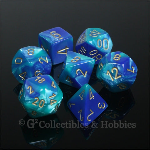RPG Dice Set Gemini Blue / Teal with Gold Numbers 7pc