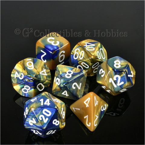 RPG Dice Set Gemini Blue / Gold with White Numbers 7pc