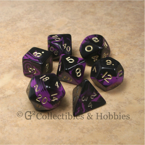 RPG Dice Set Oblivion Black Purple with Gold Numbers 7pc