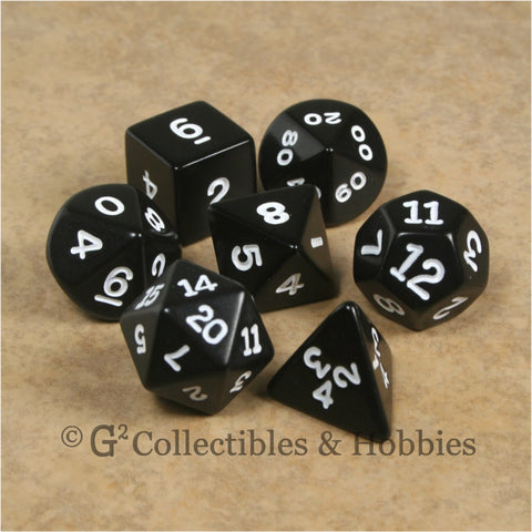 RPG Dice Set Opaque Black with White Numbers 7pc