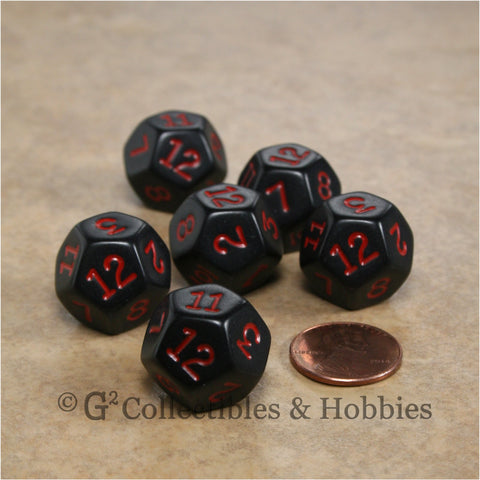 D12 RPG Dice Set : Opaque 6pc - Black with Red Numbers