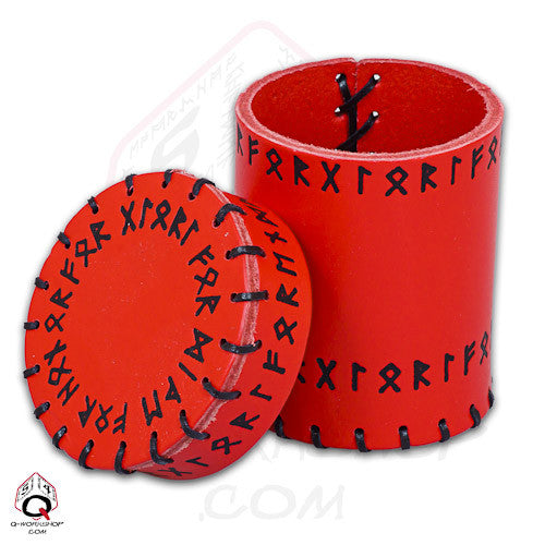 Handcrafted Red Leather Dice Cup with Runic Design