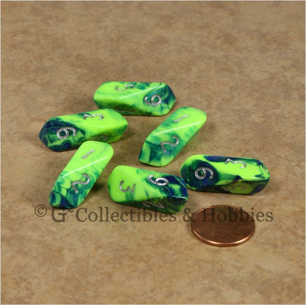 D6 Crystal Toxic Dice 6pc Set - Green Blue with Silver Numbers