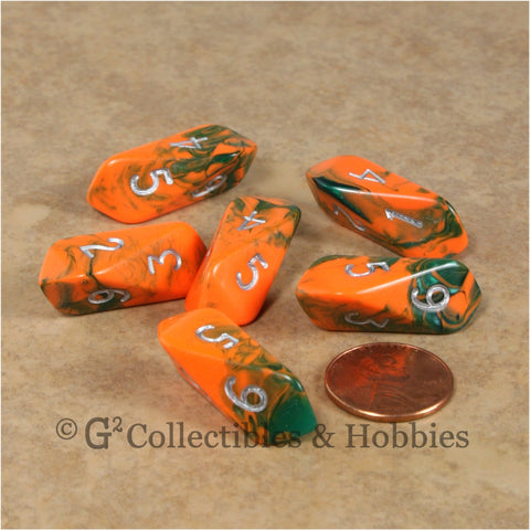 D6 Crystal Toxic Dice 6pc Set - Orange Green with Silver Numbers