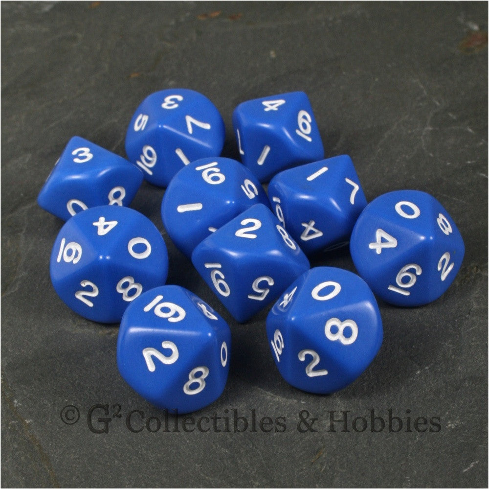 D10 Opaque Blue with White Numbers 10pc Dice Set