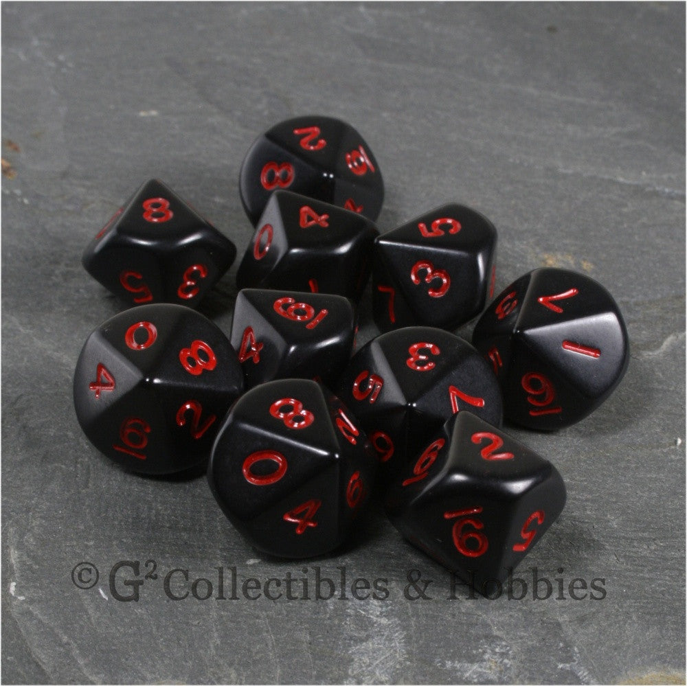 D10 Opaque Black with Red Numbers 10pc Dice Set