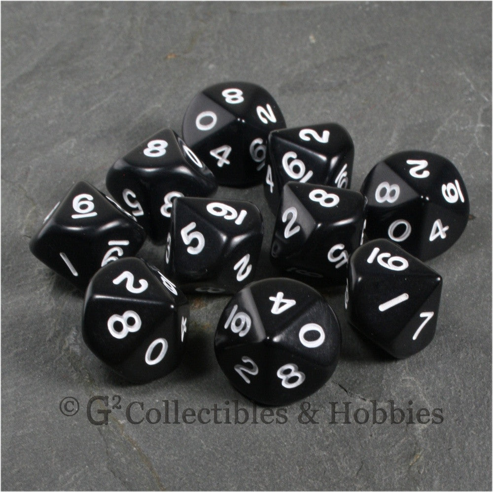D10 Opaque Black with White Numbers 10pc Dice Set
