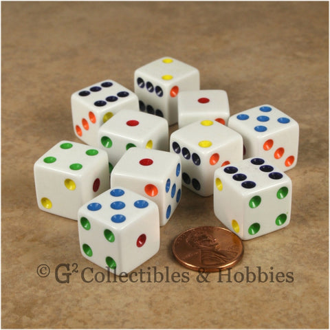 D6 16mm Opaque White with Multicolor Pips 10pc Dice Set