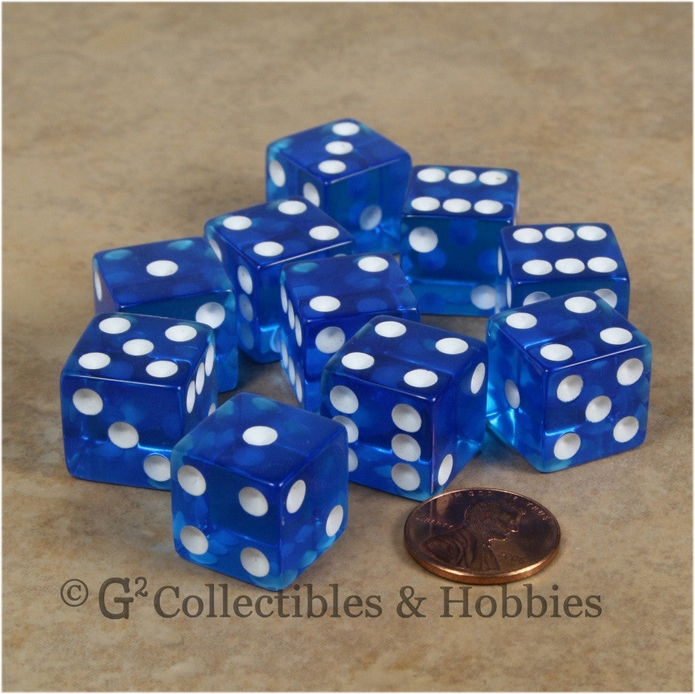 D6 16mm Transparent Blue with White Pips 10pc Dice Set