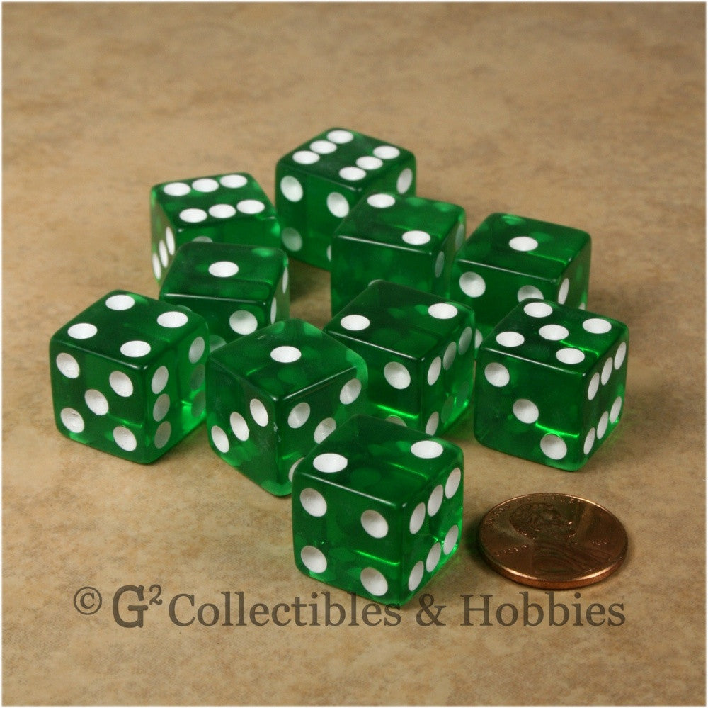 D6 16mm Transparent Green with White Pips 10pc Dice Set