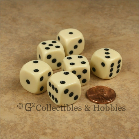 D6 16mm Rounded Edge Ivory with Black Pips 6pc Dice Set