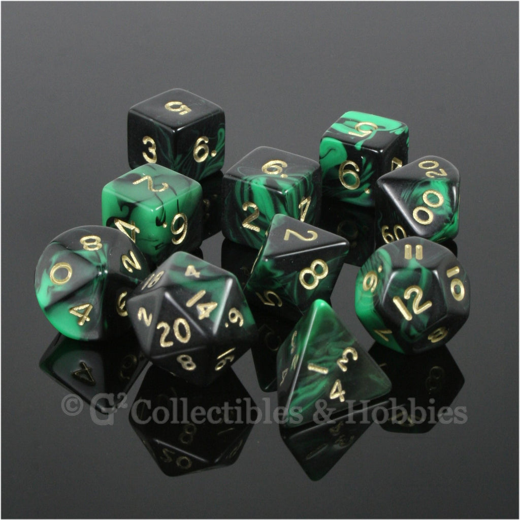 RPG Dice Set Oblivion Black Green with Gold Numbers 10pc