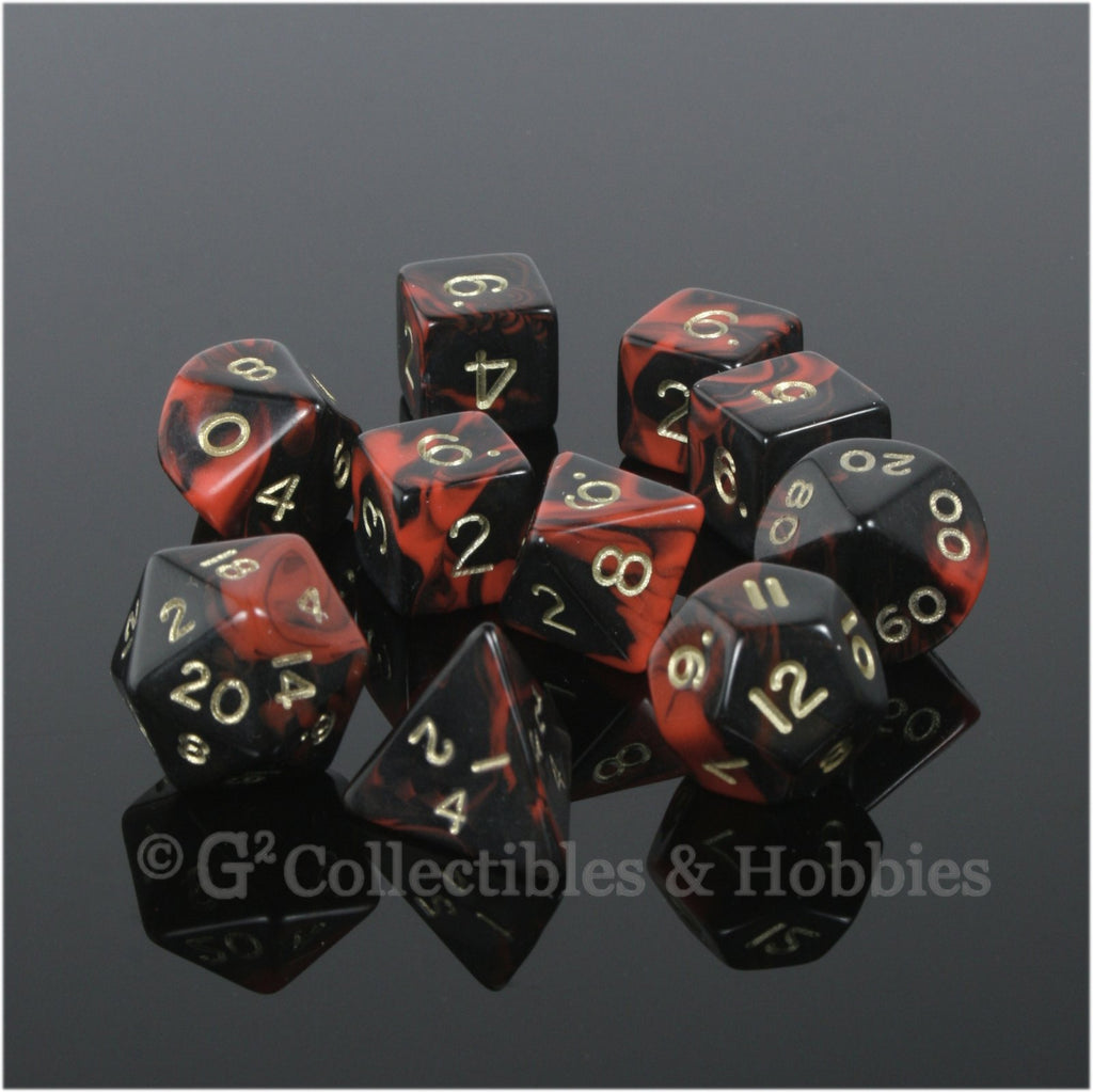 RPG Dice Set Oblivion Black Red with Gold Numbers 10pc