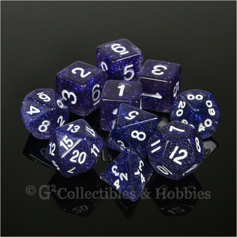 RPG Dice Set Glitter Blue with White Numbers 10pc