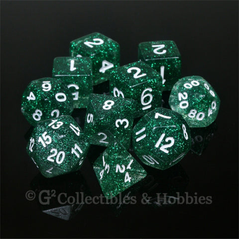 RPG Dice Set Glitter Green with White Numbers 10pc