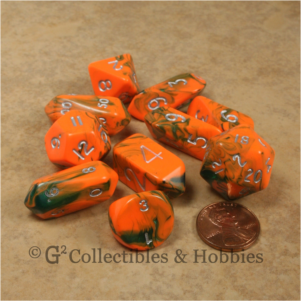 RPG Dice Set Hybrid Toxic Orange Green with Silver Numbers 10pc