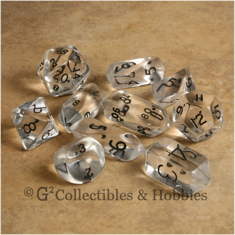 RPG Dice Set Hybrid Transparent Clear with Black Numbers 10pc